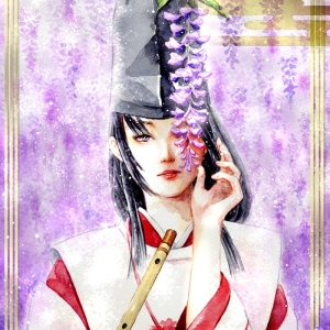 満開の藤の下の白拍子　刹那の美しさ