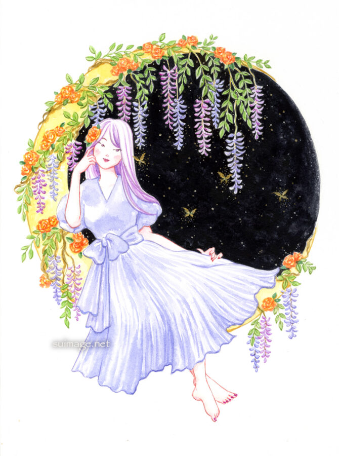 藤の花、バラが絡みついた三日月に座る女性。金色の蝶が飛んでいます。