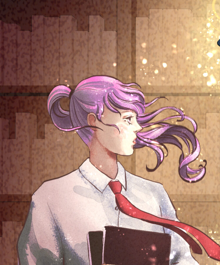 図書室で書架の前に立っている女子高校生。ネクタイ。ピンク髪でポニーテール。