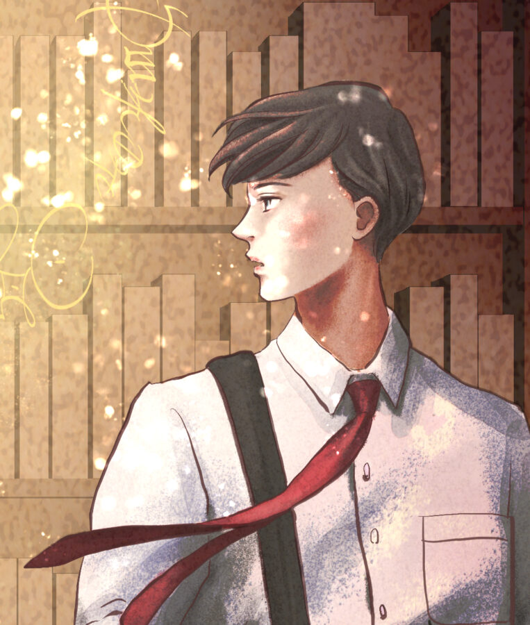 図書室で書架の前に立っている、光に照らされている男子高校生。