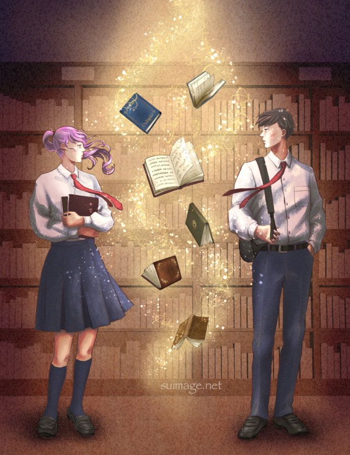 図書室で本が次々に空中に浮かび上がり、光が煌めく。驚く男女の学生。